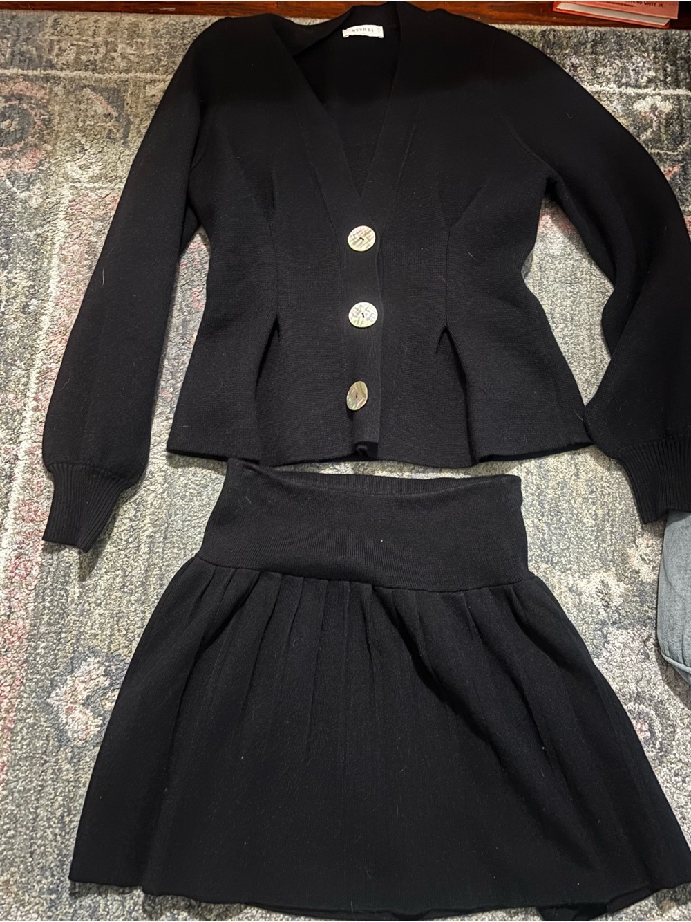 Meshki Black Knit Cinched Cardigan & Knit Pleated Mini Skirt